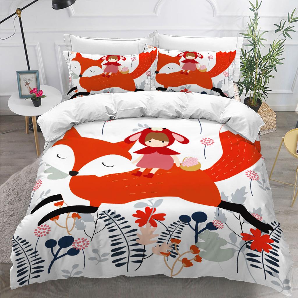 Cute Cartoon 3D Red Fox Digital Printing Three-Piece Set Size Quilt Cover Pillowcase