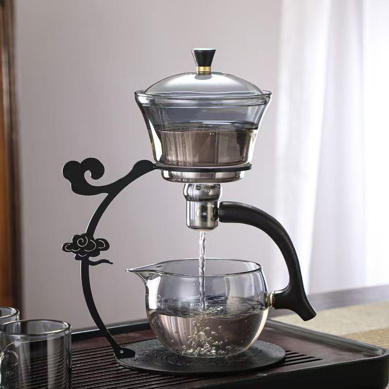 Xiangyun Transparent Black Glass Teaware Sets Heat-resistant Lazy Chinese Living Room Automatic Iron Base Tea Maker Set