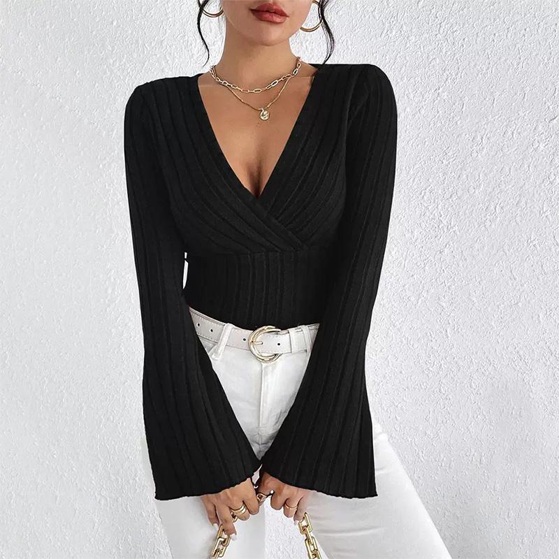 Women's Elegant Knitted Ribbed V-Neck Bell Sleeve Design T-Shirt Top