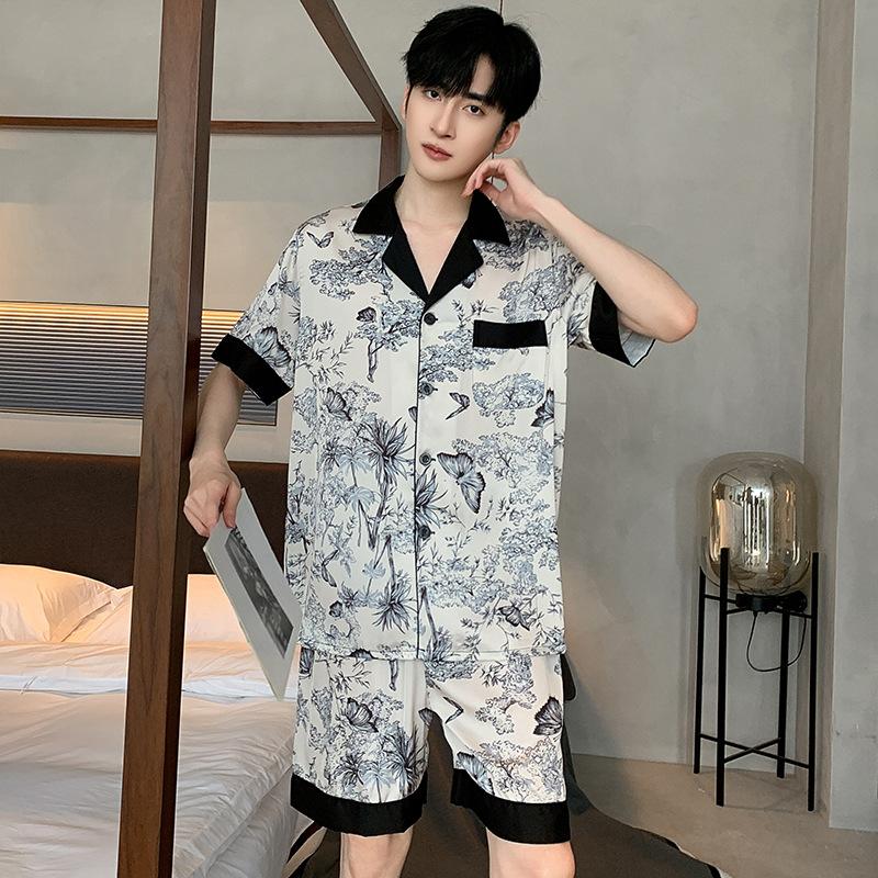 Ink Wash Painting Men Pajamas Suit Ice Silk Thin Summer Short-sleeved Satin National Style Loungewear Loose Sleepwear Male Gift