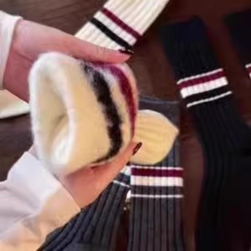 Fall/Winter Kids Wool Striped Plush Socks - College Style Athletic High-Waist Color-Contrasting Cashmere Warmth Mid-Calf Socks