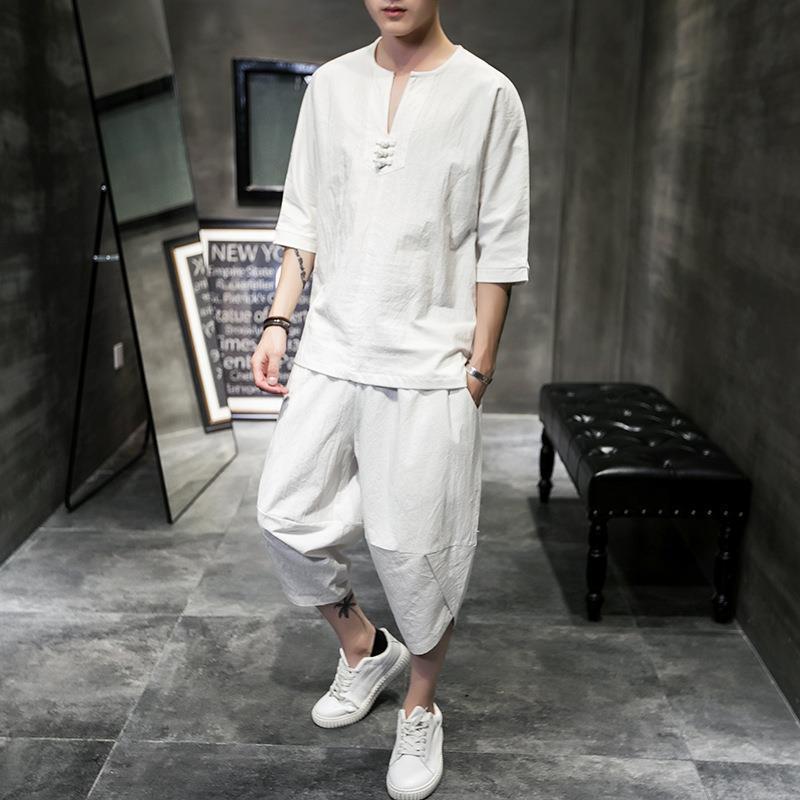 Men's Summer Chinese-Style Cotton Linen T-Shirt and Cropped Pants Suit