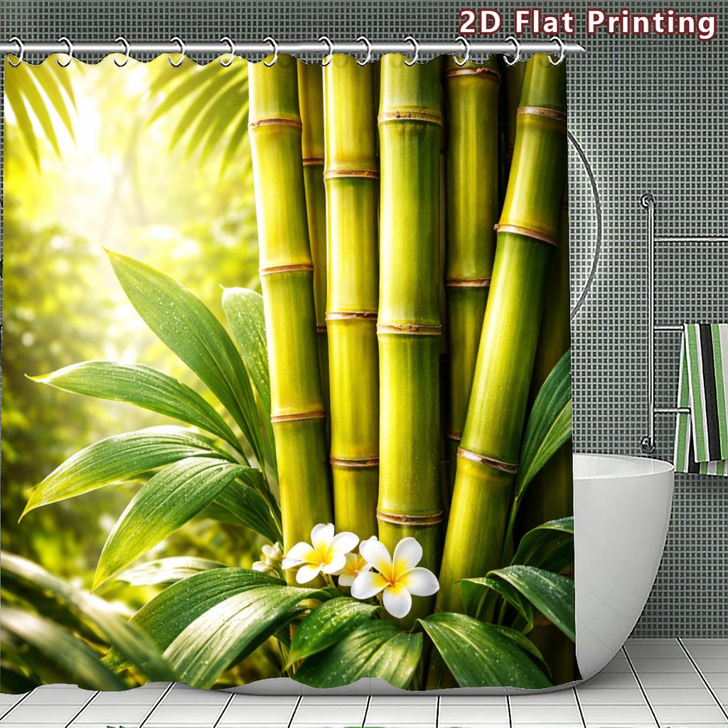 4Pcs 2D Flat Forest Shower Curtain Set with Non-Slip Bath Mat, Toilet Lid Cover, Contour Rug & 12 Hooks, Bathroom Decor