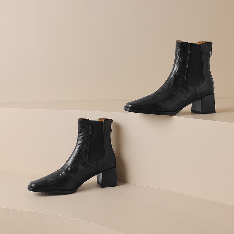 Krazing Pot Sheep Skin Square Toe Winter Med Heels Chelsea Boots Women Zipper Retro Fashion Leisure Ankle Boots