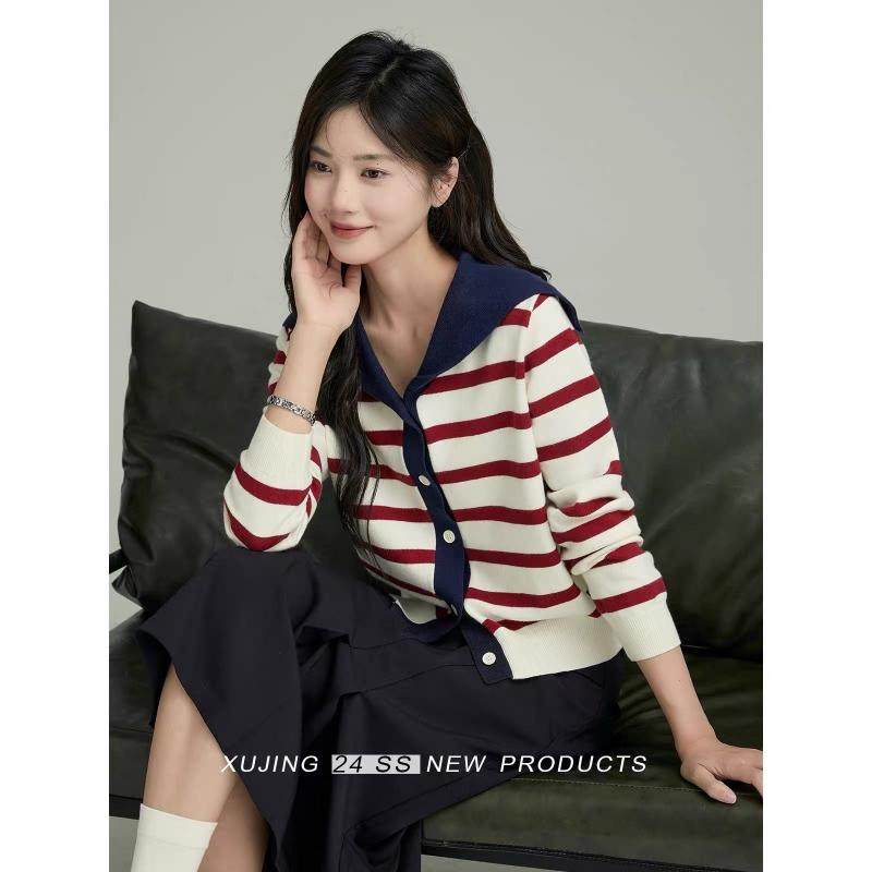 Navy Neck Striped Knitted Cardigan for Women, New Spring and Autumn Style V-neck Thin Long-sleeved Jacket with Contrasting Colors