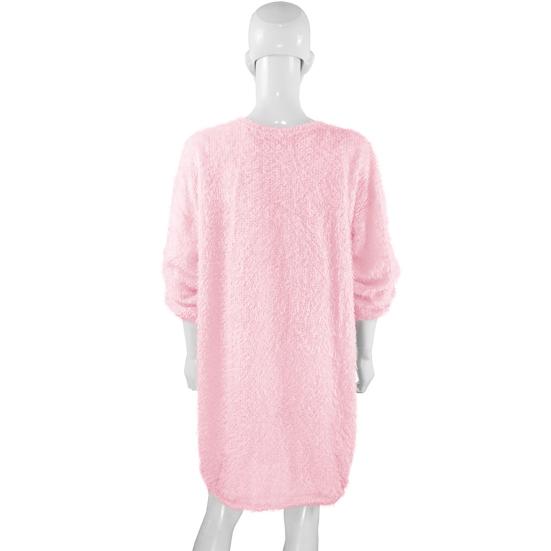 Chic Women Autumn Solid Color O Neck Sweater Fluffy Loose Knee-length Dress