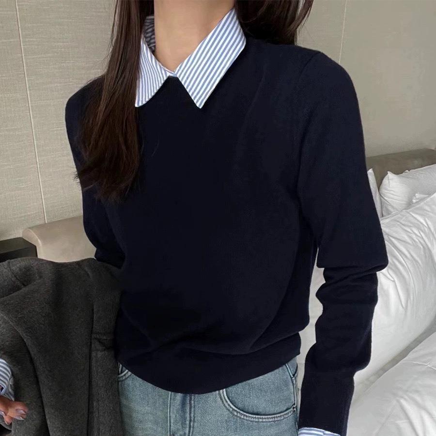 100% Pure Wool Fake Two-Piece Knit Sweater with Shirt Collar - Loose Fit, Patchwork Style for Spring 2024