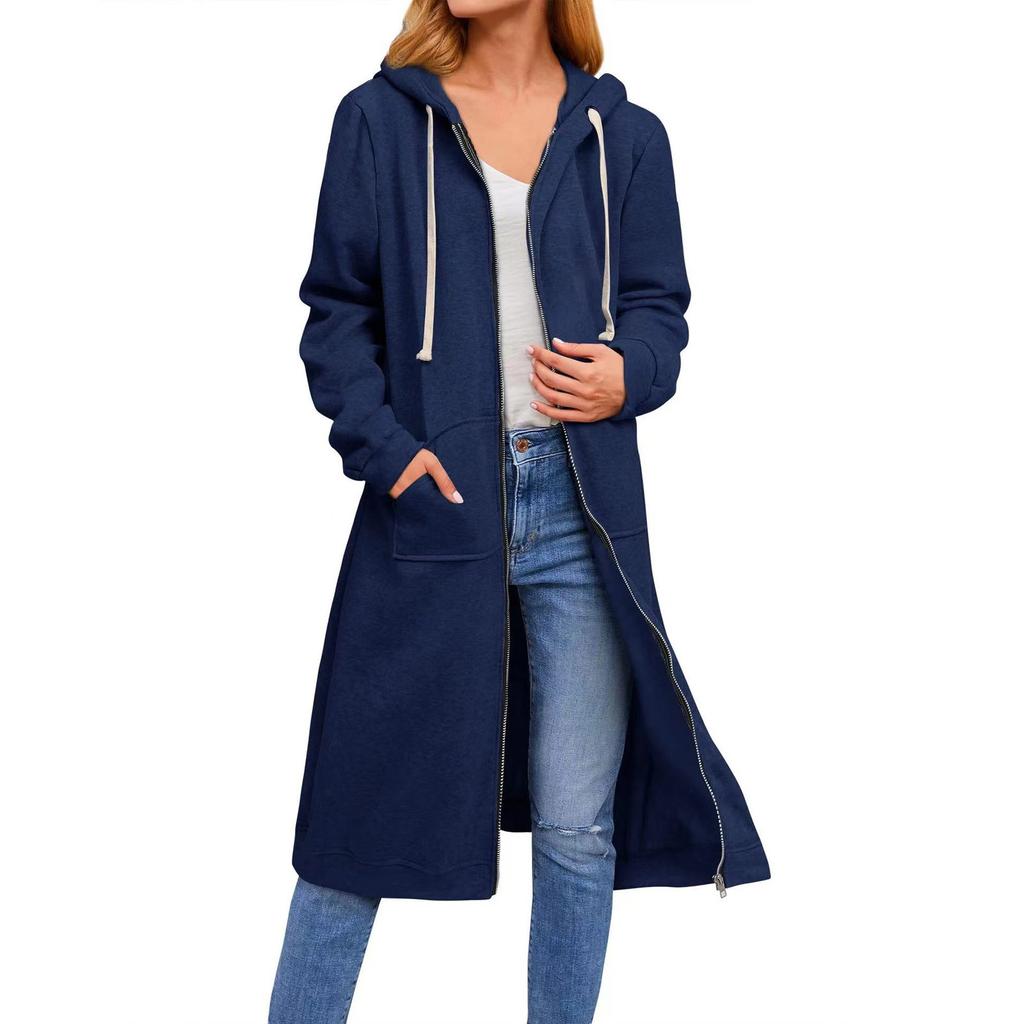 Loose Zip Long Cardigan Jacket Dame hettegenser Lang frakk med lomme