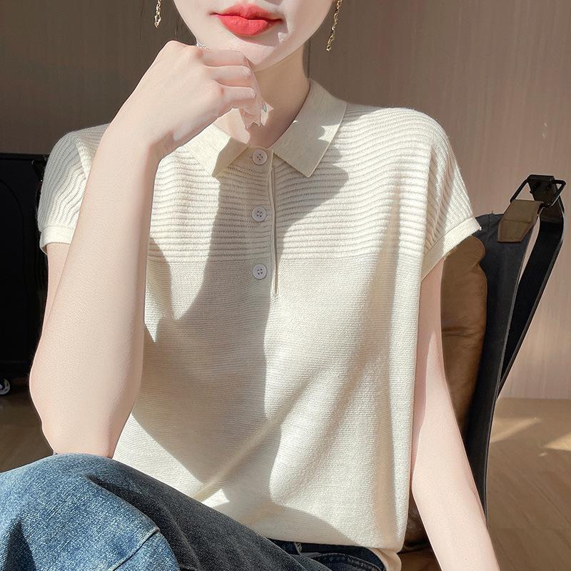 Women's Polo Collar Wool Knit Short Sleeve Casual T-Shirt for Spring/Summer