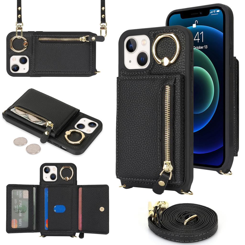 For iPhone 13 Mini Case Card Bag Zipper Pocket Leather+TPU Ring Holder Phone Cover with Long Strap