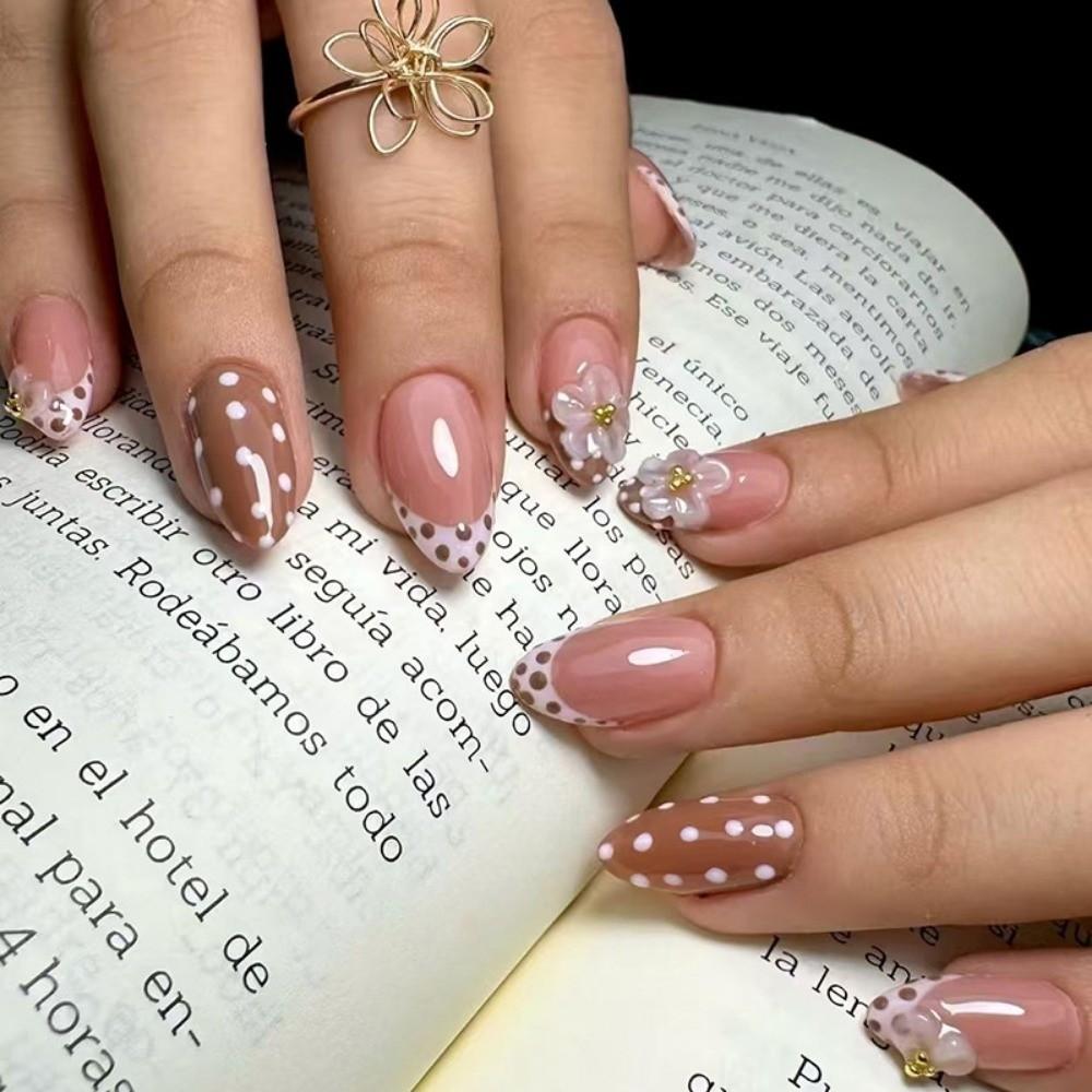 New Polka Dot False Nail 3D Flower Detachable Press on Nails Wearable Full Cover Fake Nail Women