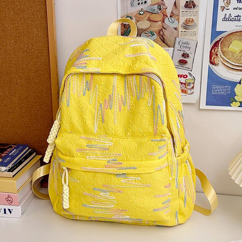 Autumn New Simple Lightweight Student Backpack Junior/high School Girl Schoolbag Cute Sweet Embroidery Striped Travel Book Bags with Cartoon Pendant