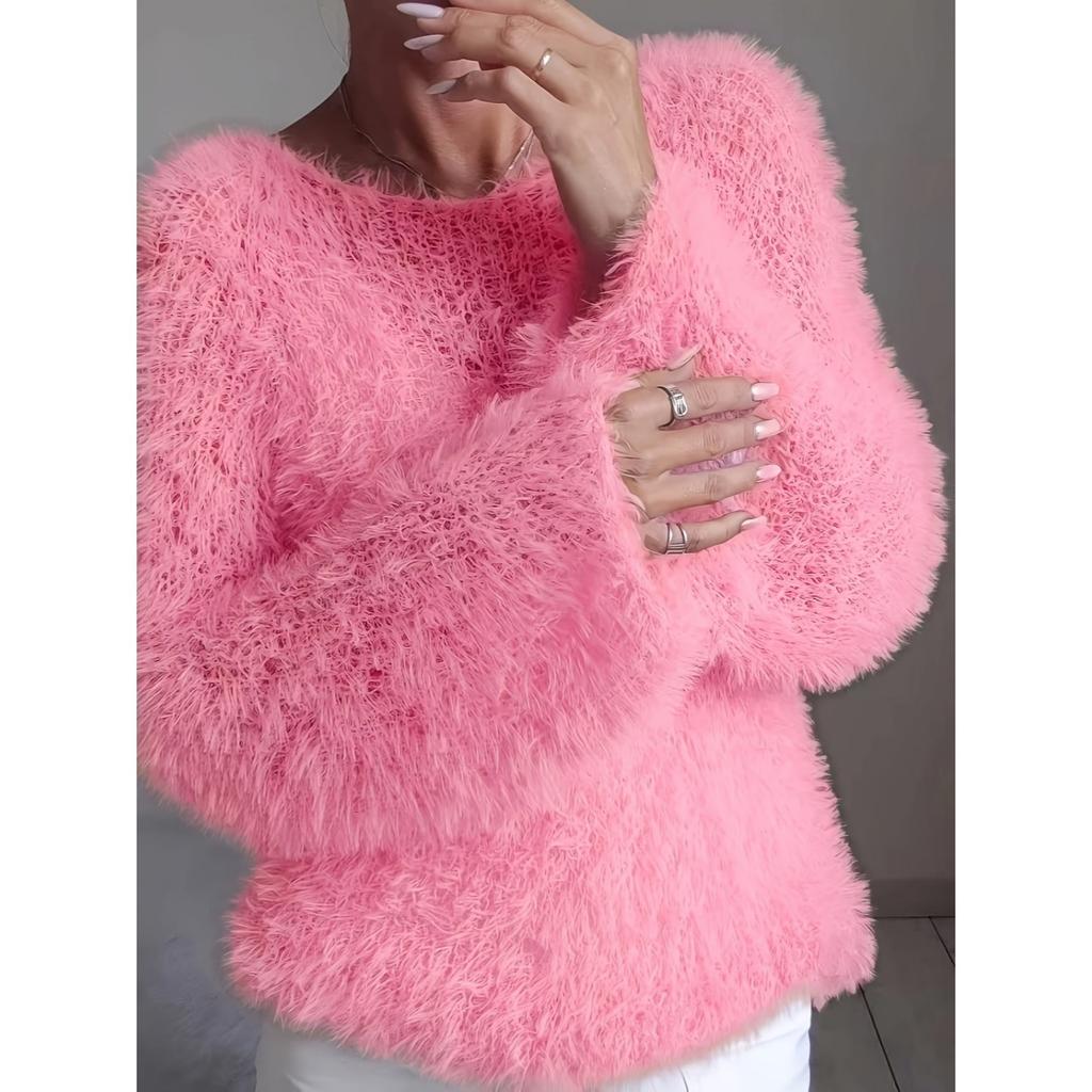 European and American women's clothing macaron round neck fluffy design sense solid color long-sleeved fluffy top