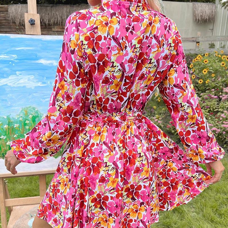 YYFS Moda Damska Wiosna Jesień Wzór Kwiatowy Nadruk Długi Rękaw Stójka Wysoki Stan Sukienki Codzienne