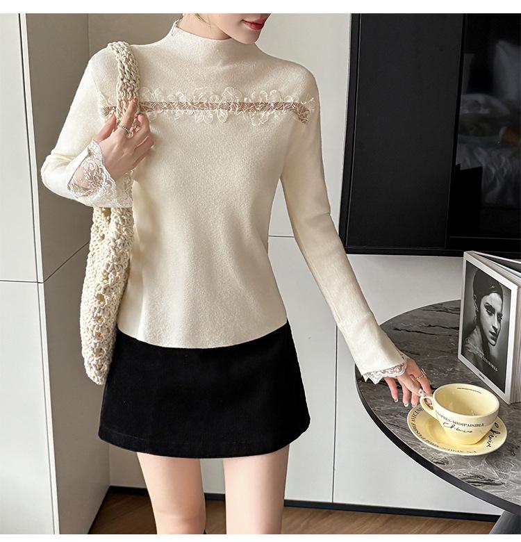 2026 Lace Trim Long Sleeve Korean Style Knit Sweater for Women: Autumn Winter Slightly Sexy Inner or Outer Wear