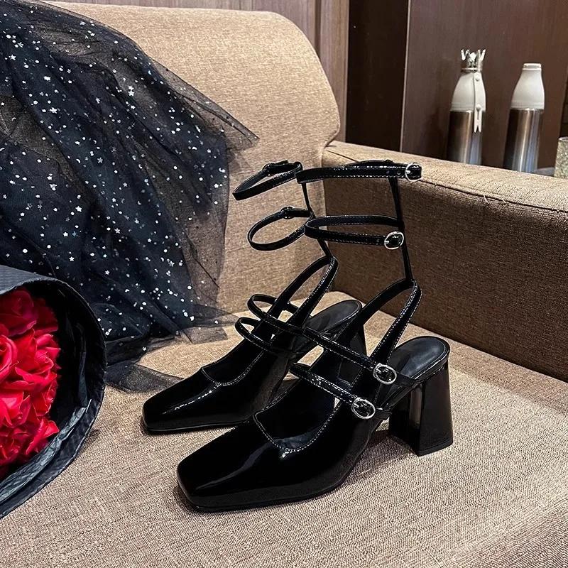 Fashion Sandals Women's High Heels Strap Roman Silver Lacquered Leather Baotou Sexy High Heels