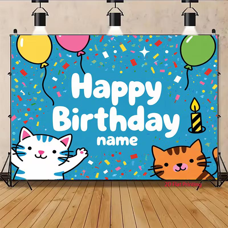 2D Customizable Cat Birthday Backdrop, Kids Party Decoration Background
