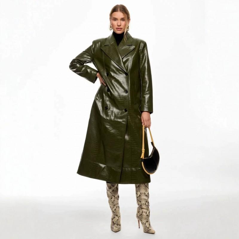 Womens Olive Green Croc PU Leather Trench Coat Double Breasted Lapel Longline Oversized Streetwear