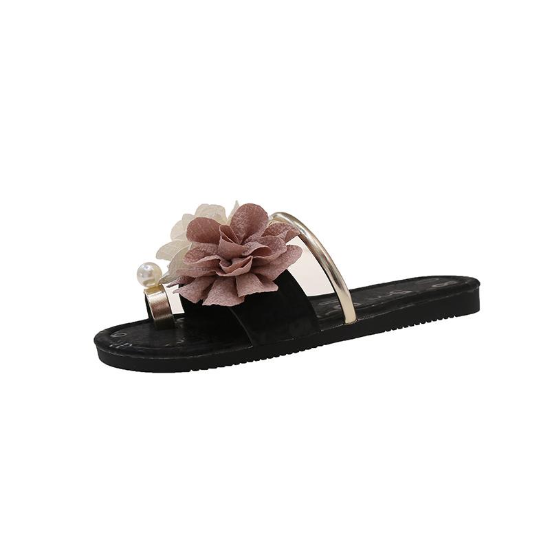 2025 summer new open-toed flower casual beach women's cool slippers low-heeled flat bottom women's high-end sense
