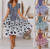 Women's Summer Midi Dress V-Neck Short Sleeve Dress Casual Floral Printed Big Swing A-Line Dress
