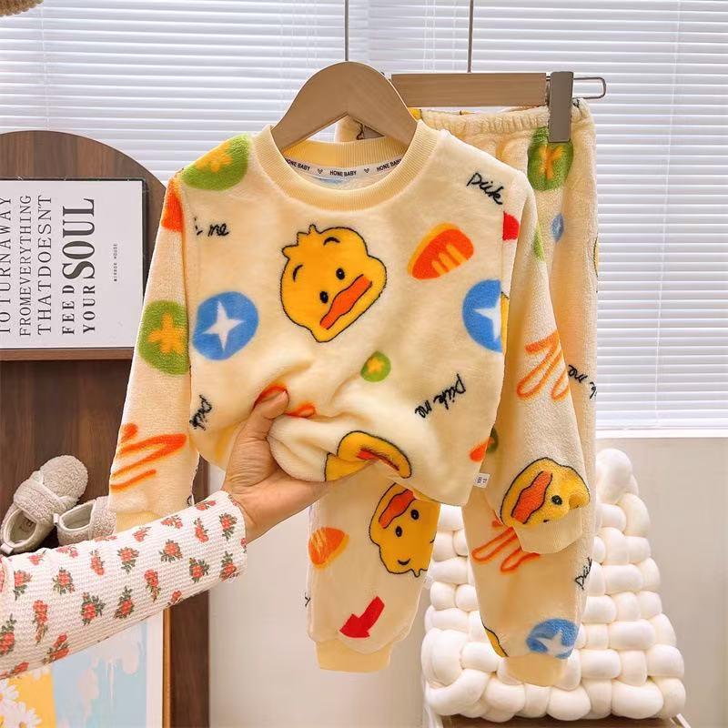 Children's Coral Fleece Flannel Pajamas - Cartoon Round Neck, Thickened Velvet Set for Boys, Girls, Babies