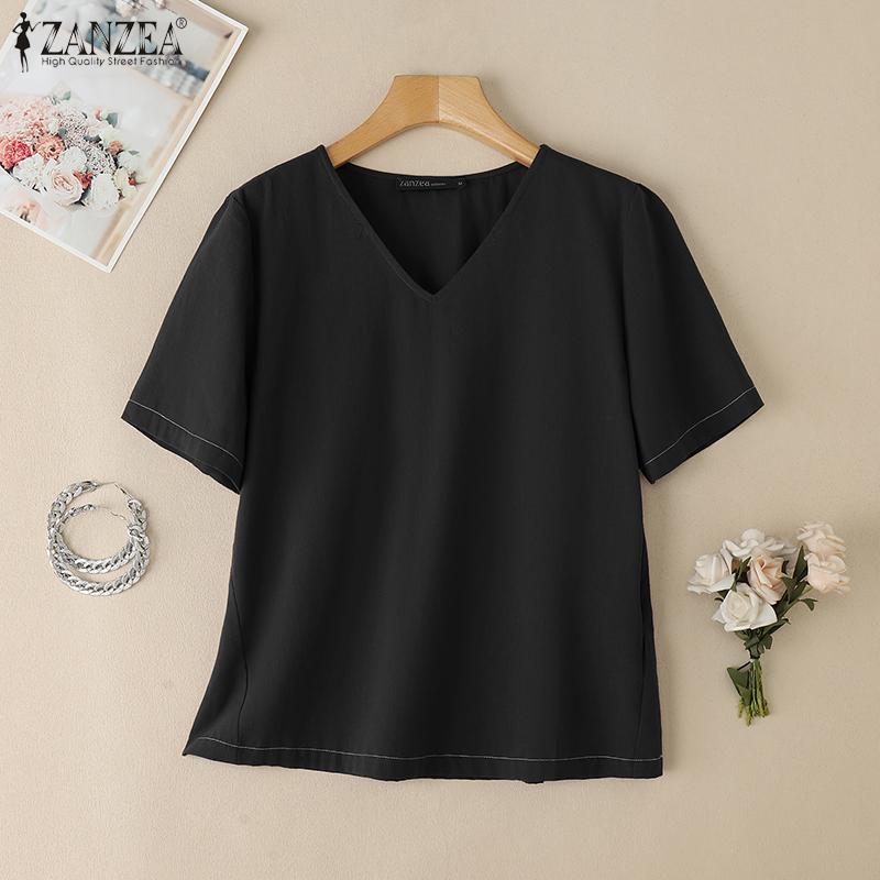 ZANZEA Damen Lässiges Sommer V-Ausschnitt Kurzarm Baumwoll-T-Shirt