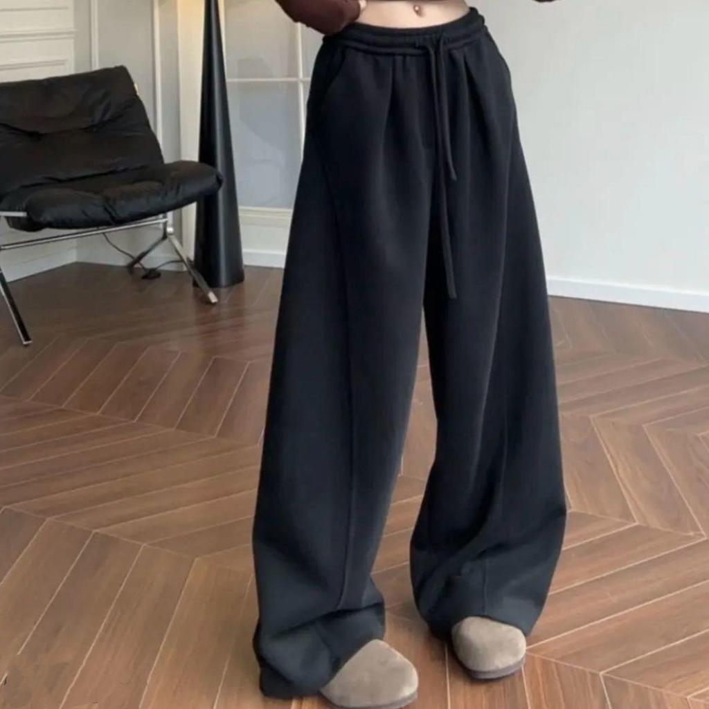 Solid Color Wide-Leg Woolen Sweatpants - Versatile & Trendy Straight-Leg Style