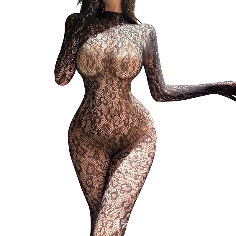 Fun One-piece Netsuit Full Body Leopard Print Temptation Stockings Mesh Hollowed Backless Tight Flirting Sex Underwear 