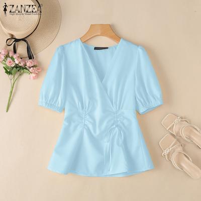 Women Casual V-Neck Summer Short Sleeve Solid Blouse