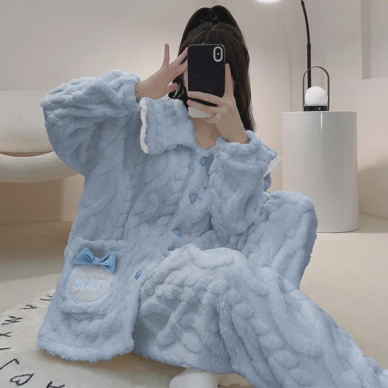 Übergröße 250 Jin Damen Flanell Pyjama Set - Dicke Korallenfleece Strickjacke für Herbst/Winter