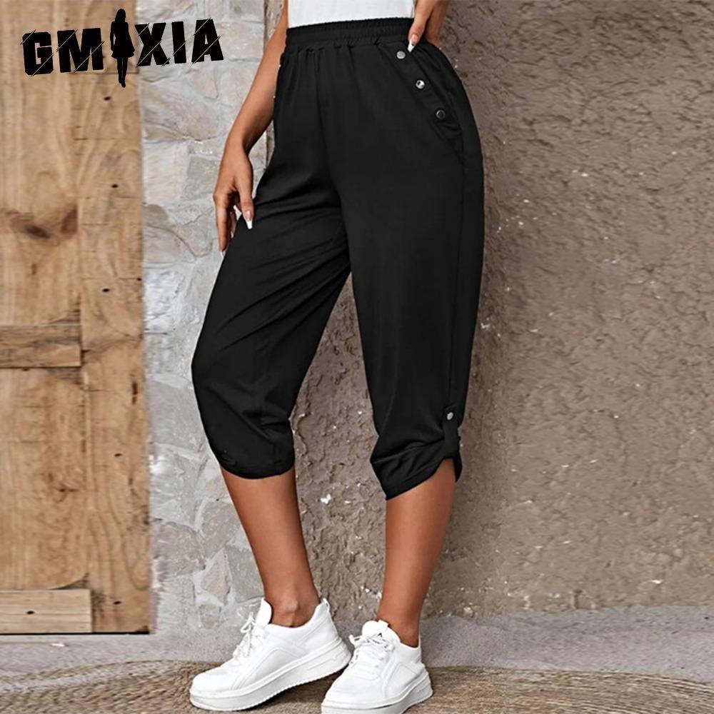 

GMXIA Women s Cropped Trousers with Pockets and Elastic Waist, Summer Buttons S чёрный