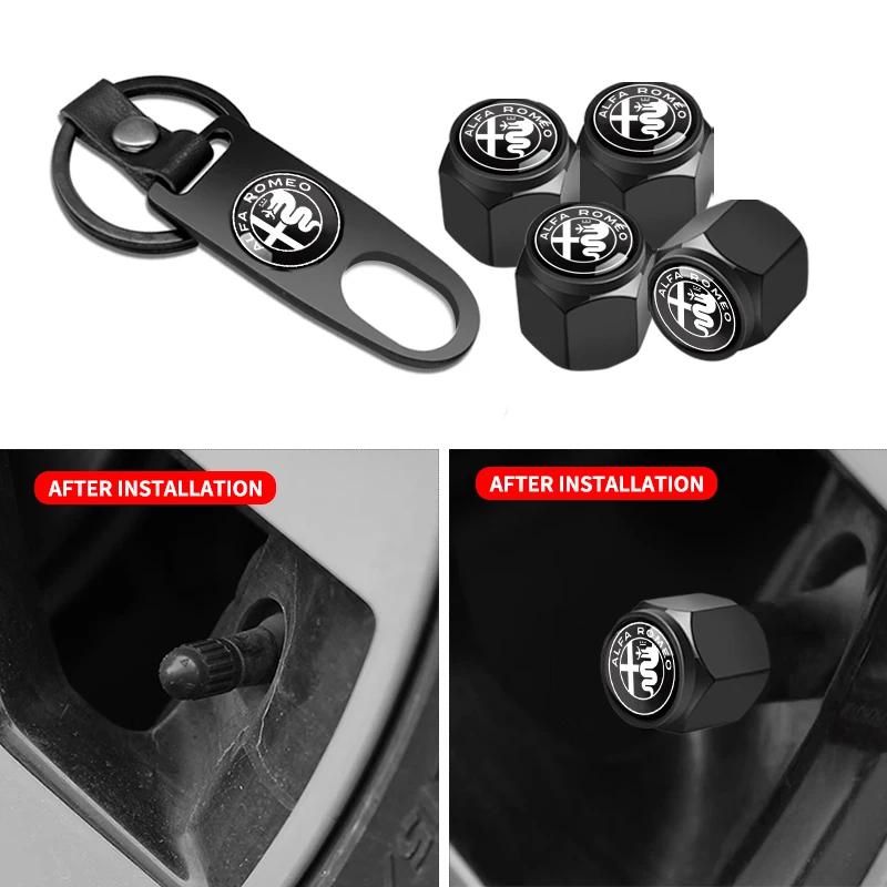 pzce3 Car Wheel Tire Valve Stems Caps with car Keychain keyrings For Alfa Romeo 156 159 147 4C 8C 166 Giulia Giulietta Mito Stelvio