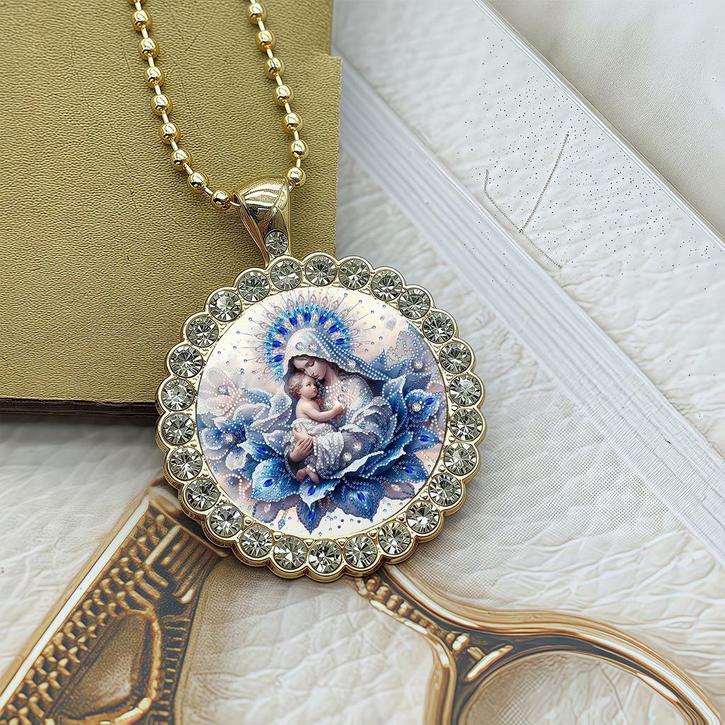 European and American New Blue Flower Round Glass Necklace, Versatile Light Luxury Fashion Ins Simple Accessory