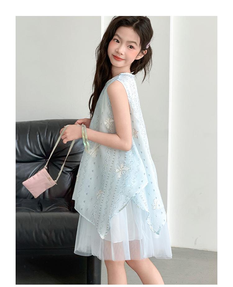 Girls' summer chiffon children's summer sleeveless vest dress, blue embroidered bow mesh princess dress