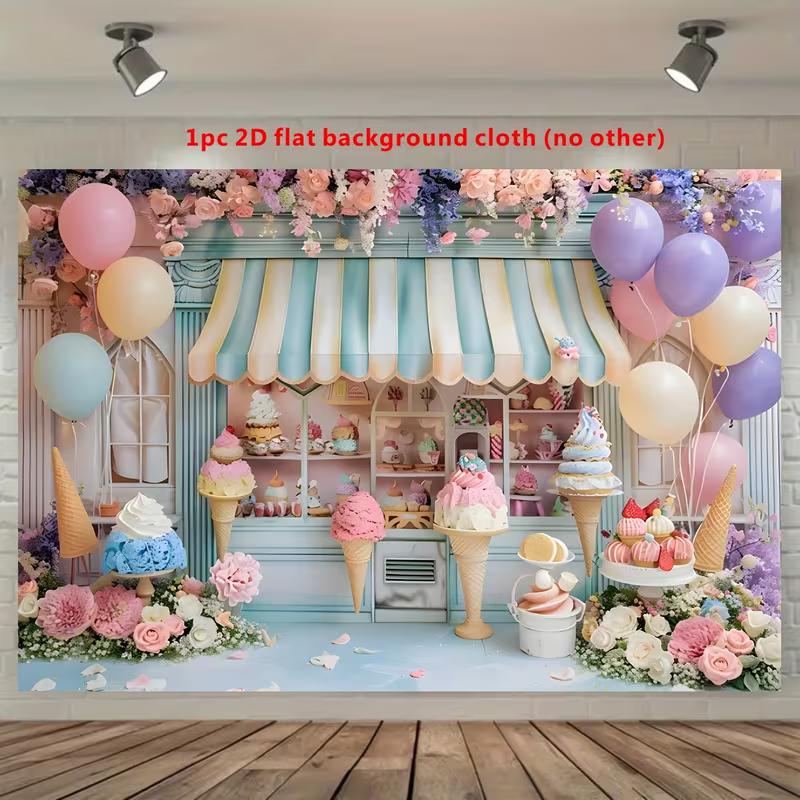 2D Ice Cream Shop Backdrop with Balloons and Flowers Photography Background