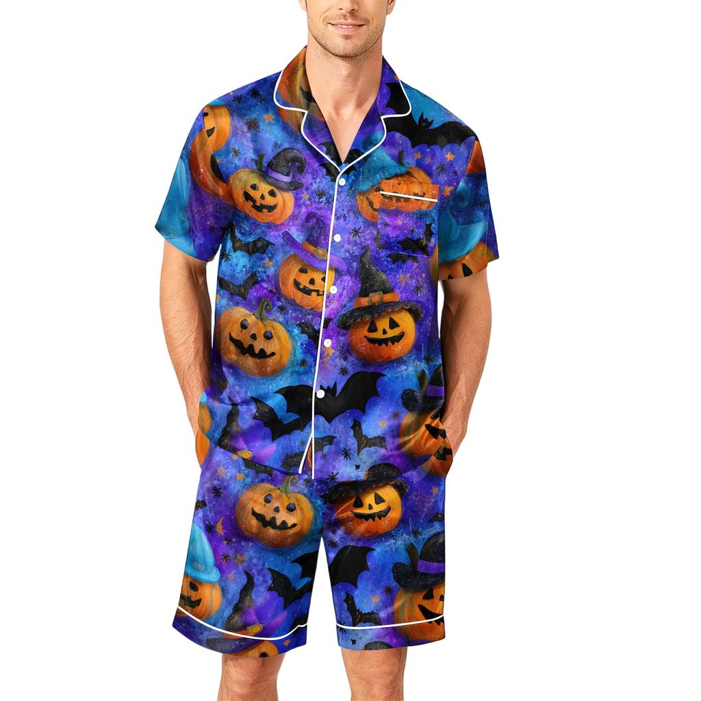 Men's Short Sleeve Pajama Set Button Down Shirt with Hemmed Shorts Soft Casual Sleepwear Lounge Set Available In Sizes S To XXXXL