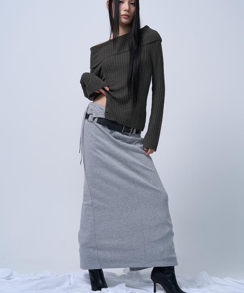 ZIZEMUSEUM Folding Waist Band Maxi Skirt (Melange Gray)