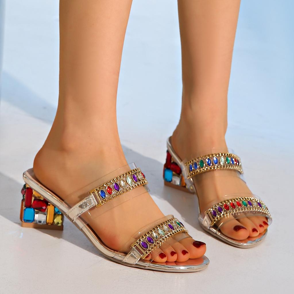 Brand Design Colorful Crystal Decoration Slides Women Summer Sexy Transparent Pvc High Heel Sandals Luxury Party Dress Shoes