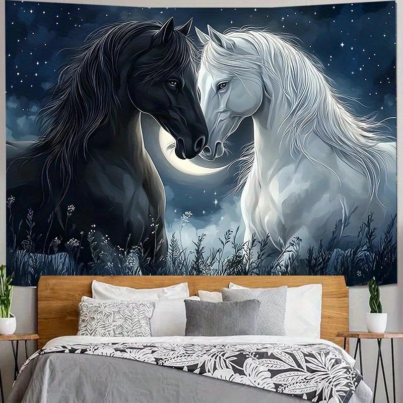 Black And White Horses Wall Tapestry Moon Night Sky Starry Field Art Decor For Living Room Bedroom Home Interior Design