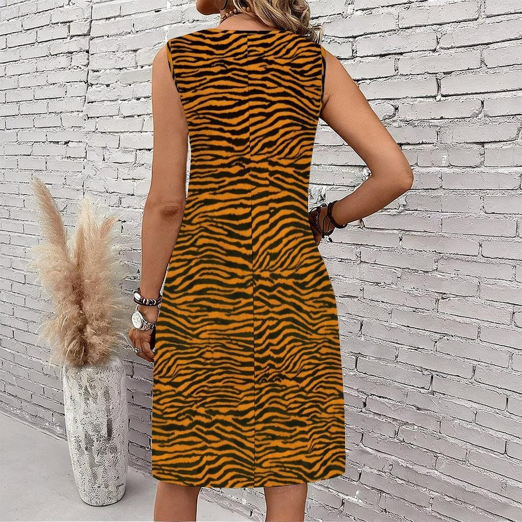 Plus Size V Neck Sleeveless Dress Abstract Bamboo Ink Print For Traditional Garden Visit