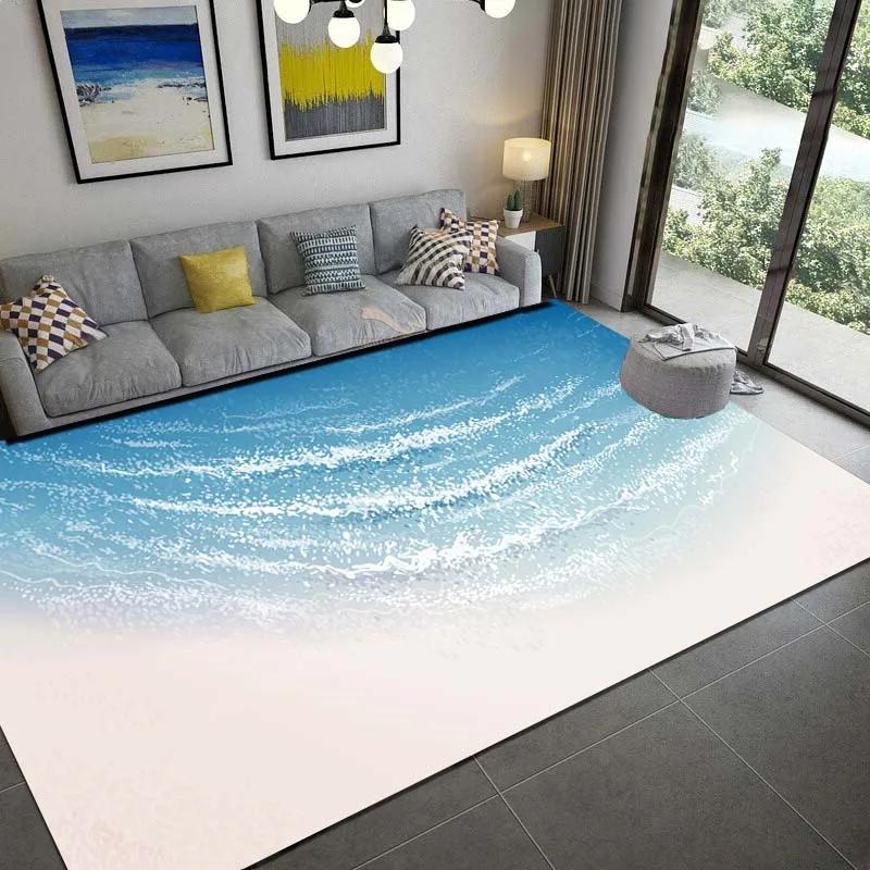 Sea Print Carpet for Living Room Large Waves Beach Kids Room Rug Blue Kitchen Mat Floor Carpet Modern Entrance Mat Bathroom Rug