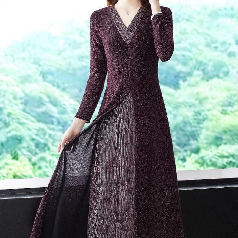 Elegant Faux Two-Piece Plus-Size Cheongsam Dress with Long Sleeves and Split Skirt