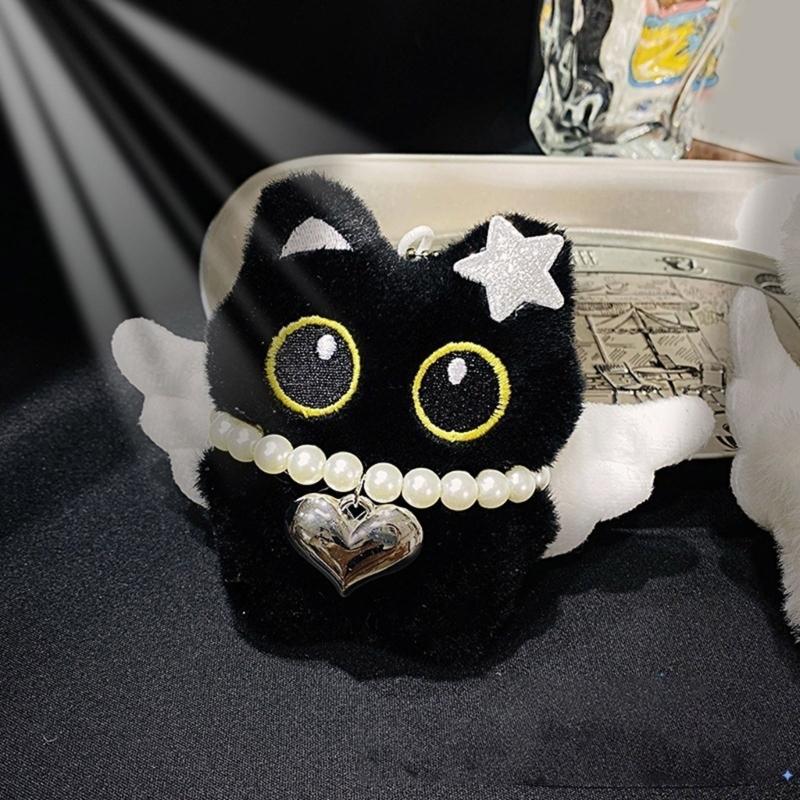 Black Cats Keychain Bag Charm With Ghostly Wing Soft Plush Lovely Style Christmas Halloween Gift Accessories