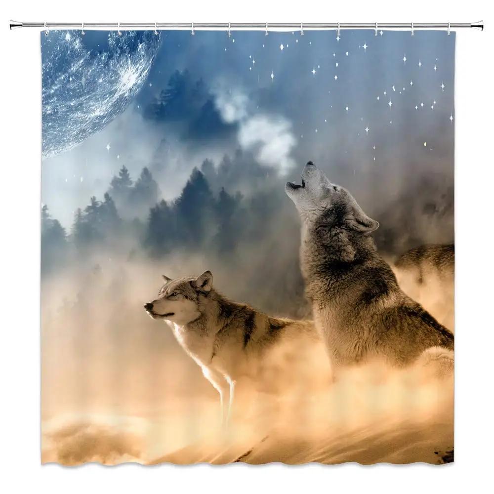 

Wolf Silhouette Shower Curtain Black White Howling Thunderstorm Animal Moon Light Mystic Decor Bathroom Set Waterproof With Hook W60H190(CM)-1 Pcs