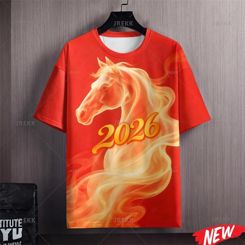 Colorful Happy New Year T Shirt Women 2026 New Year Round Neck Short Sleeve Women Family 3d Printing Horse Festival Party T Shirts