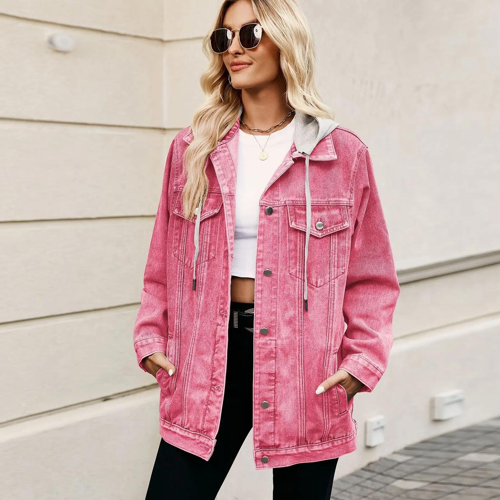 Mittelange Vintage Klassische Jeansjacke, Damen Frühling und Herbst Neu Streetstyle Mode Locker Abnehmbare Kapuze Jeansjacken