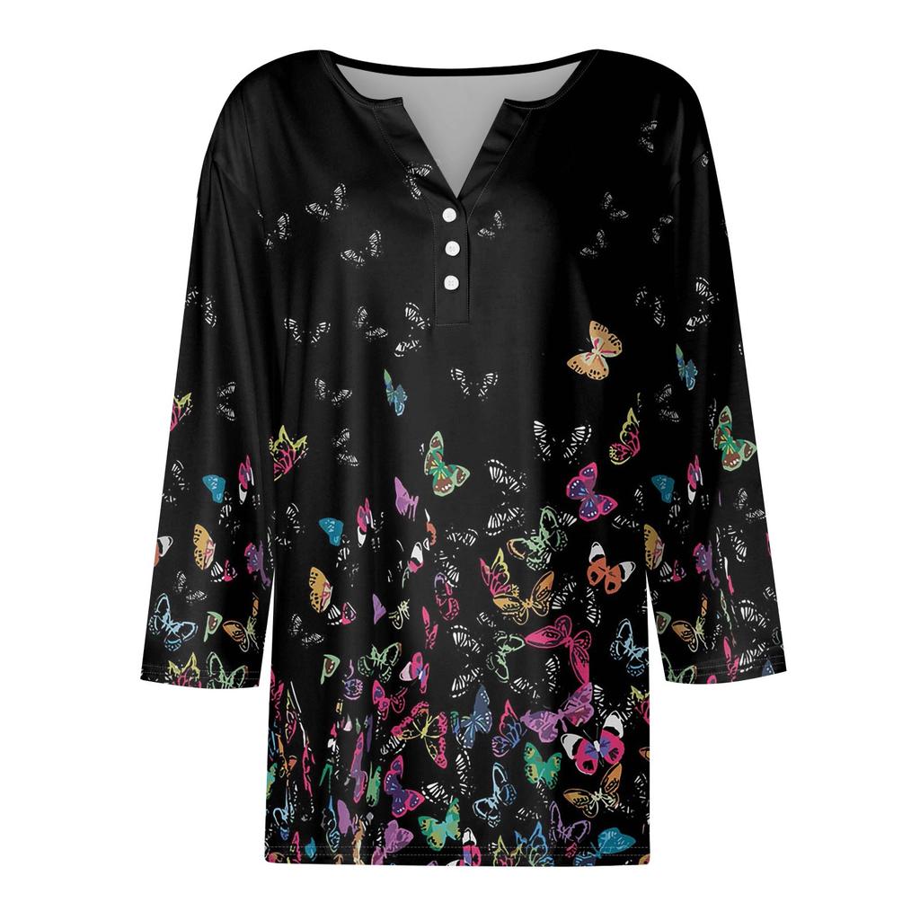 Women's T Shirt Tee Print Button  3/4 SleeveDaily Weekend Fashion Basic V- Neck Regular Top