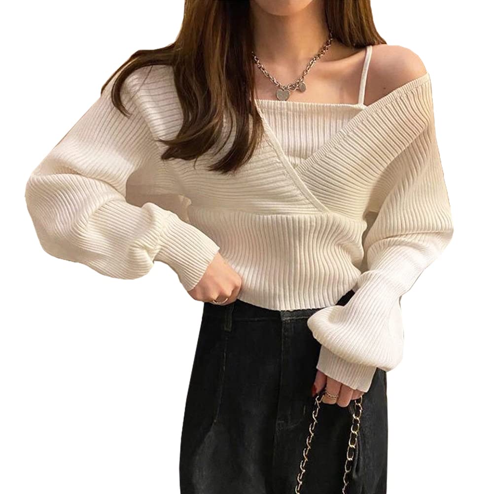 

JINZUOMA Вязаный пуловер Длинный Высокий Идеально для поездок на работу или повседневной носки Женский свитер, Топ, Рукав, V-образный вырез, Талия, С открытыми плечами, Сексуальный, Милый, белый