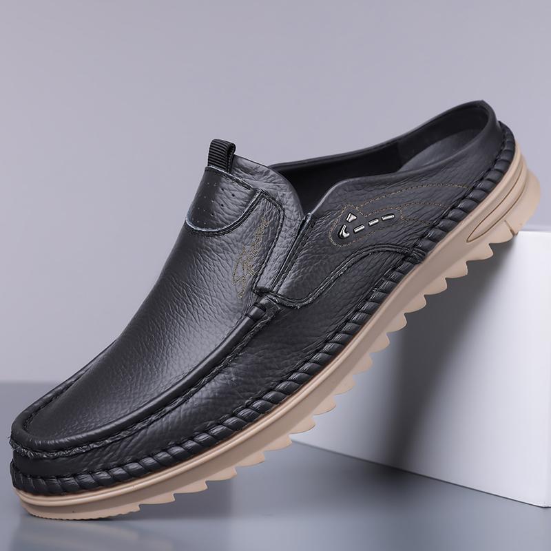 Leisure Walk Men's Casual Shoes Massage Non-slip Leather Muller Shoes Spring Summer Male Half Drag New Trend Slippers Loafers