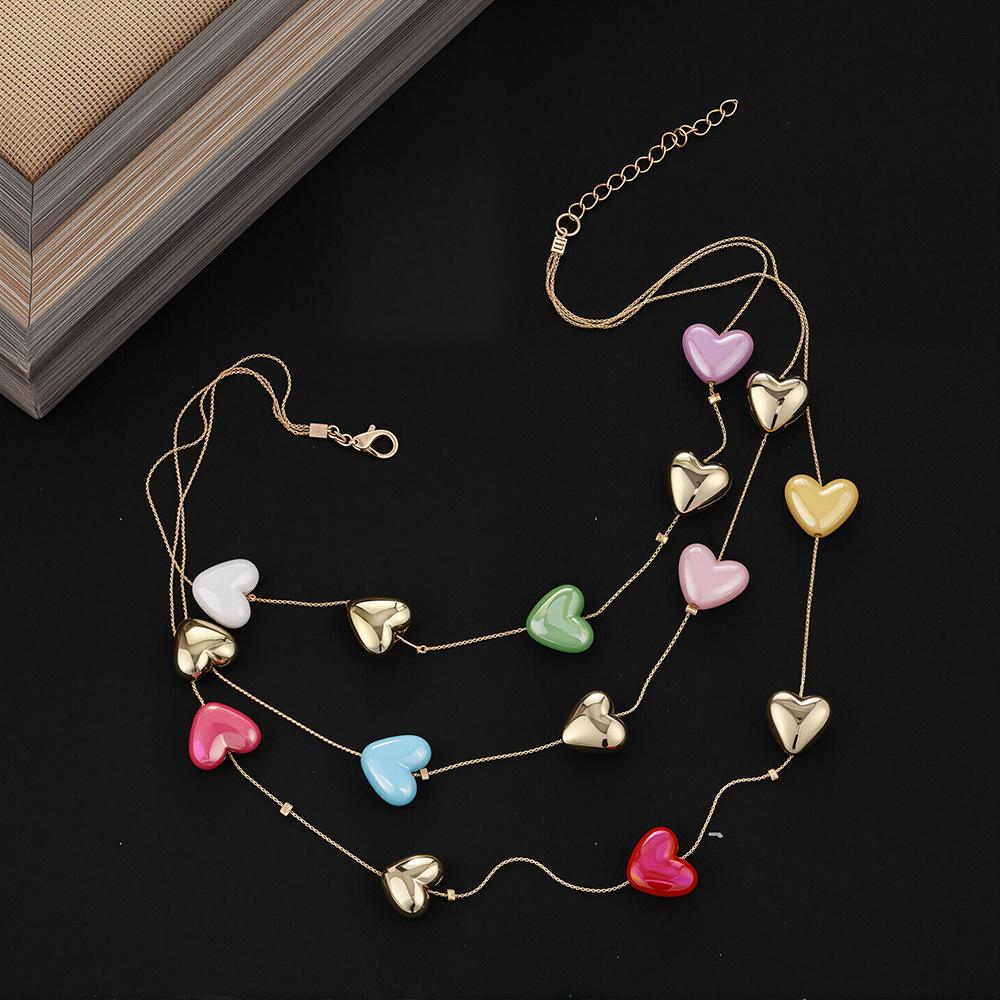 Colorful Heart Necklace Sweet and Lovely Beach Vacation Style Creative Layered Collarbone Chain